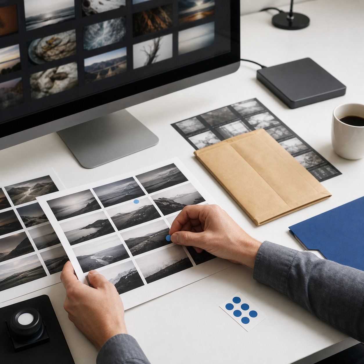 Sélection de tirages photo sur bureau blanc avec ordinateur et repères cobalt.