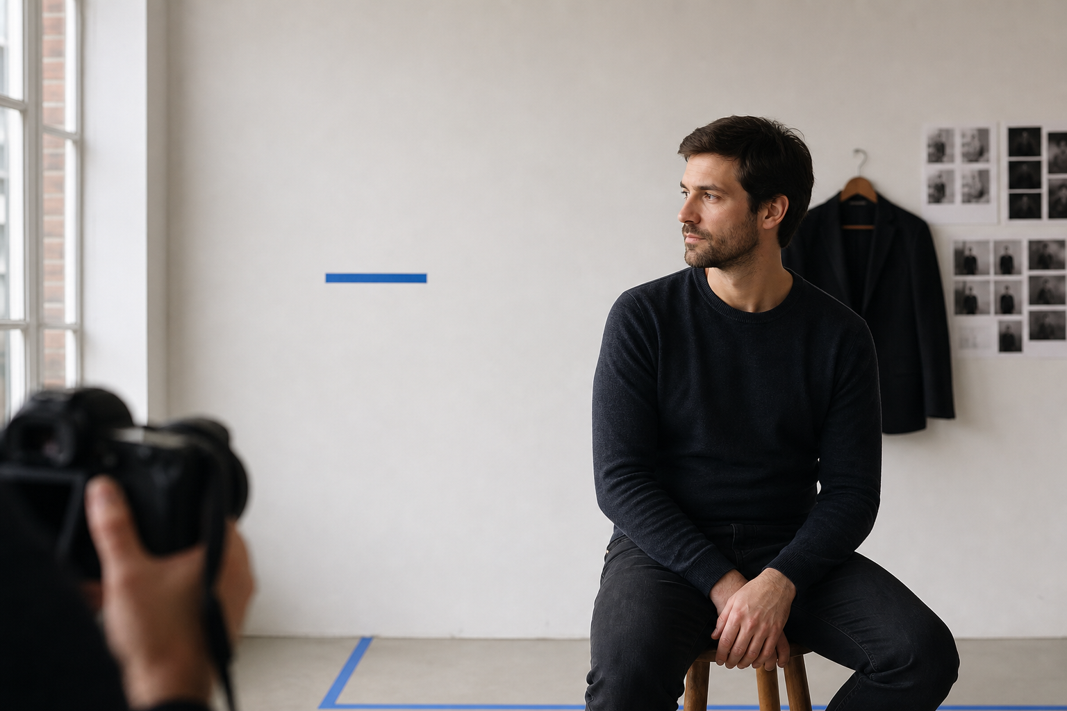 Préparation d’un portrait professionnel sobre dans un studio blanc avec repère cobalt.