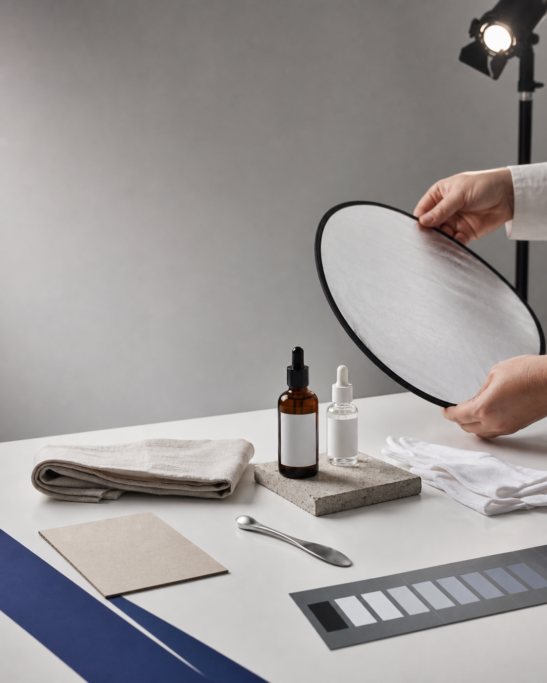 Table de photographie produit avec objets neutres, réflecteur et repères cobalt.